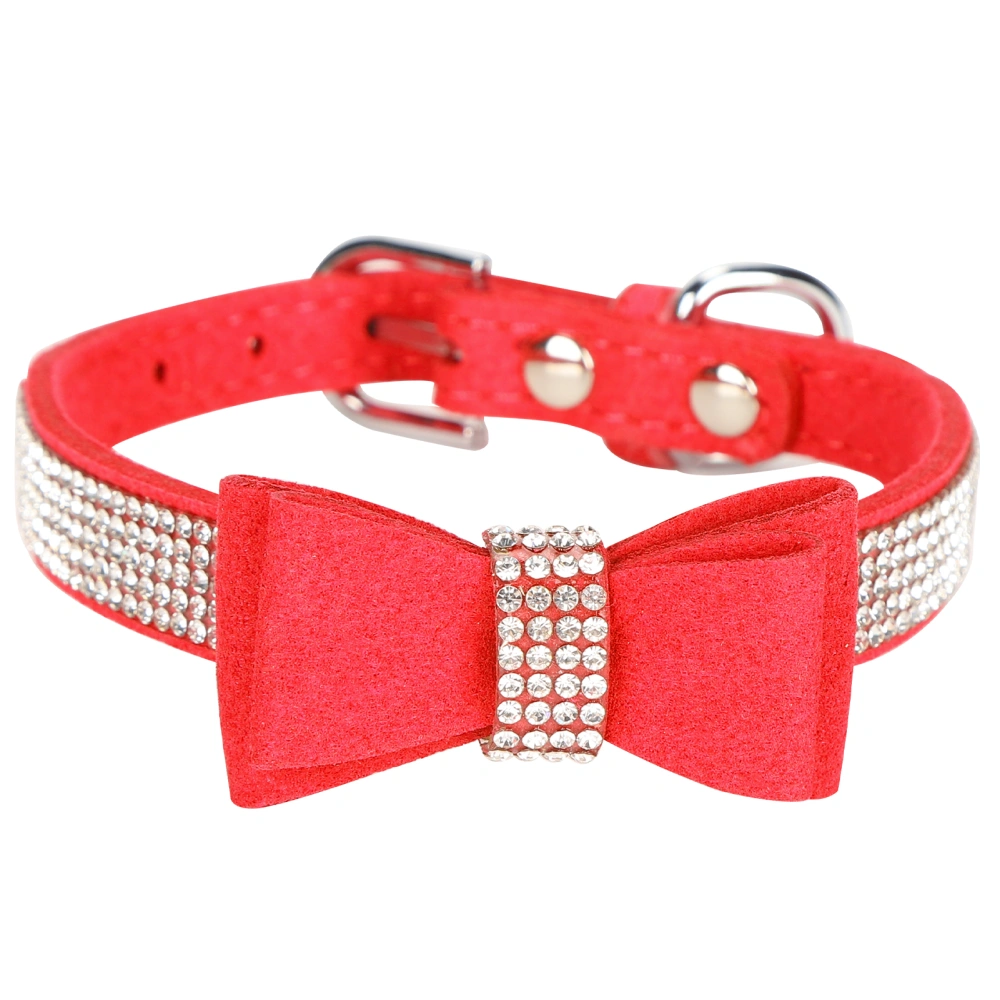 Suede Microfiber Double Bowknot Crystal Sparkle Rhinestone Cat Collar Pet SupplyRed L 51x2.5cm