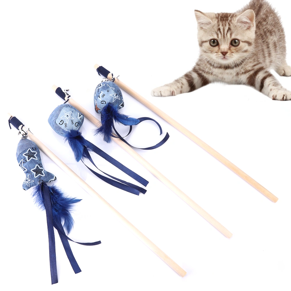 3 pcs Wood Pet Cat Teaser Dangler Toy Rod Stick with Feather Bell Interactive Toys for Pets Cats Kitten