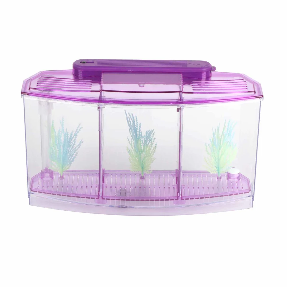 Aquarium Fish Tank LED Acrylic Three Divisions Breeding Isolation Box for Small Fishes(purple)