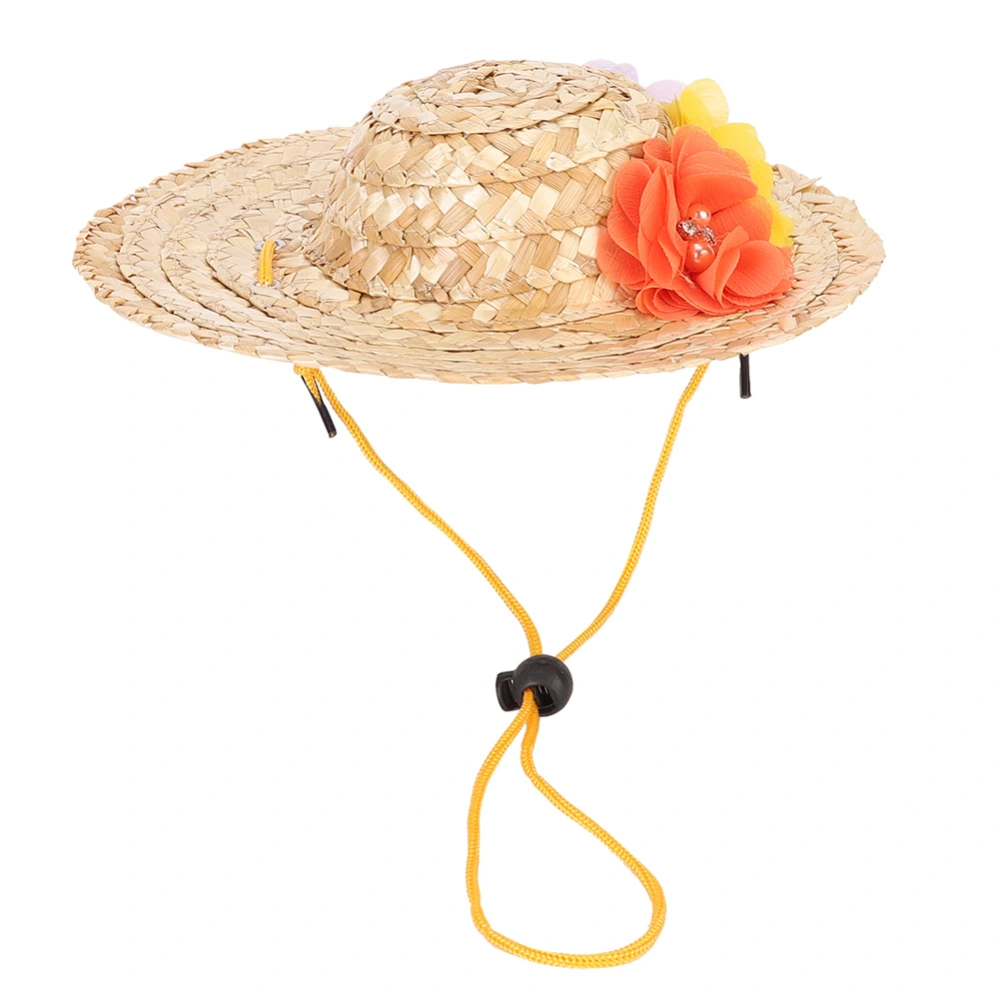 Pet Straw Hat Puppy Cap with Colorful Flowers for Party Costume Decorations(L)