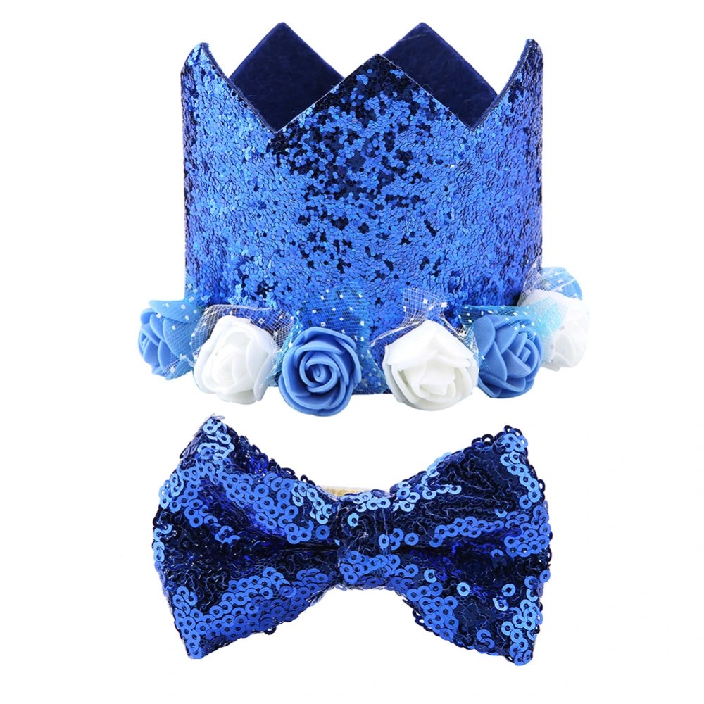 Fashionable Christmas Birthday Party Pet Dogs Cats Shiny Flower Crown Hat Bow Tie Set Sapphire