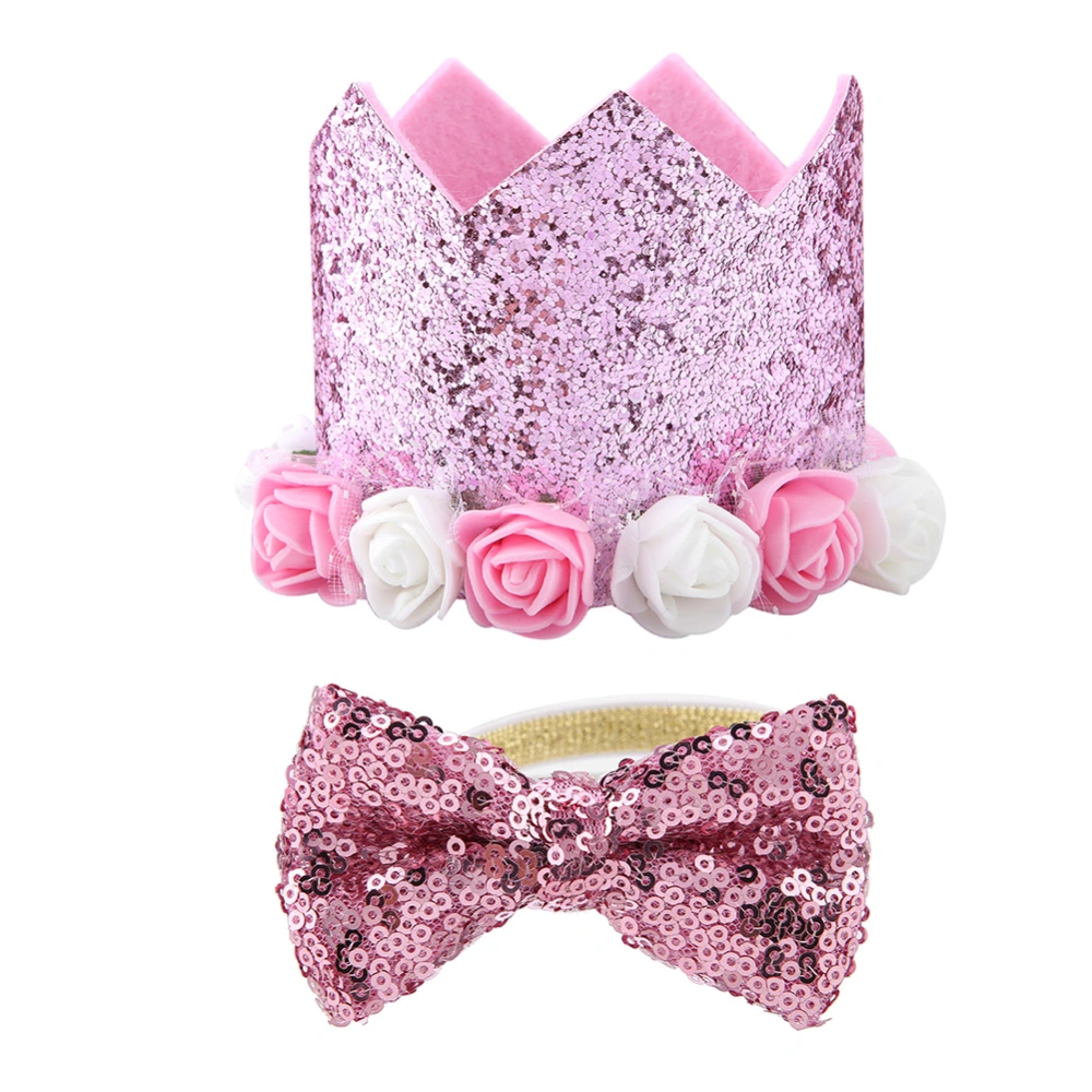 Fashionable Christmas Birthday Party Pet Dogs Cats Shiny Flower Crown Hat Bow Tie Set Pink