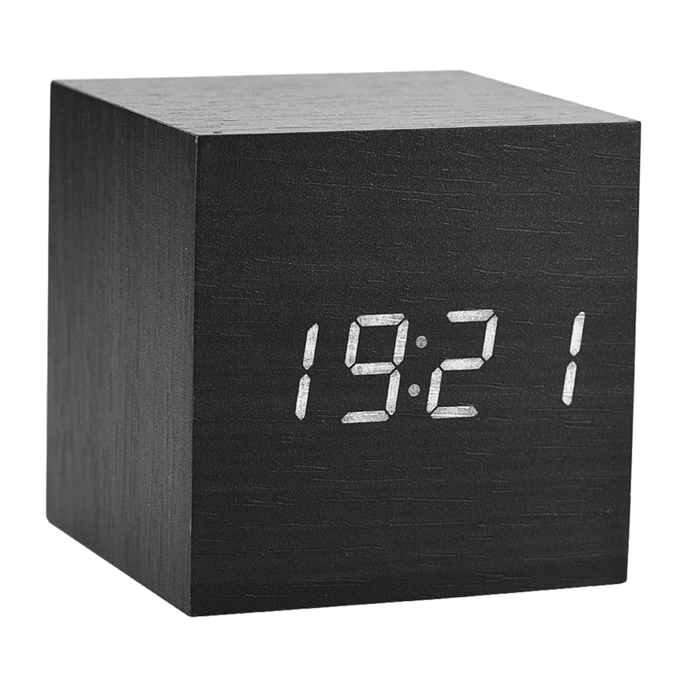 6x6x6cm Wooden Electronic Digital Alarm Desk Clock Temperature LED Display Voice Control Black