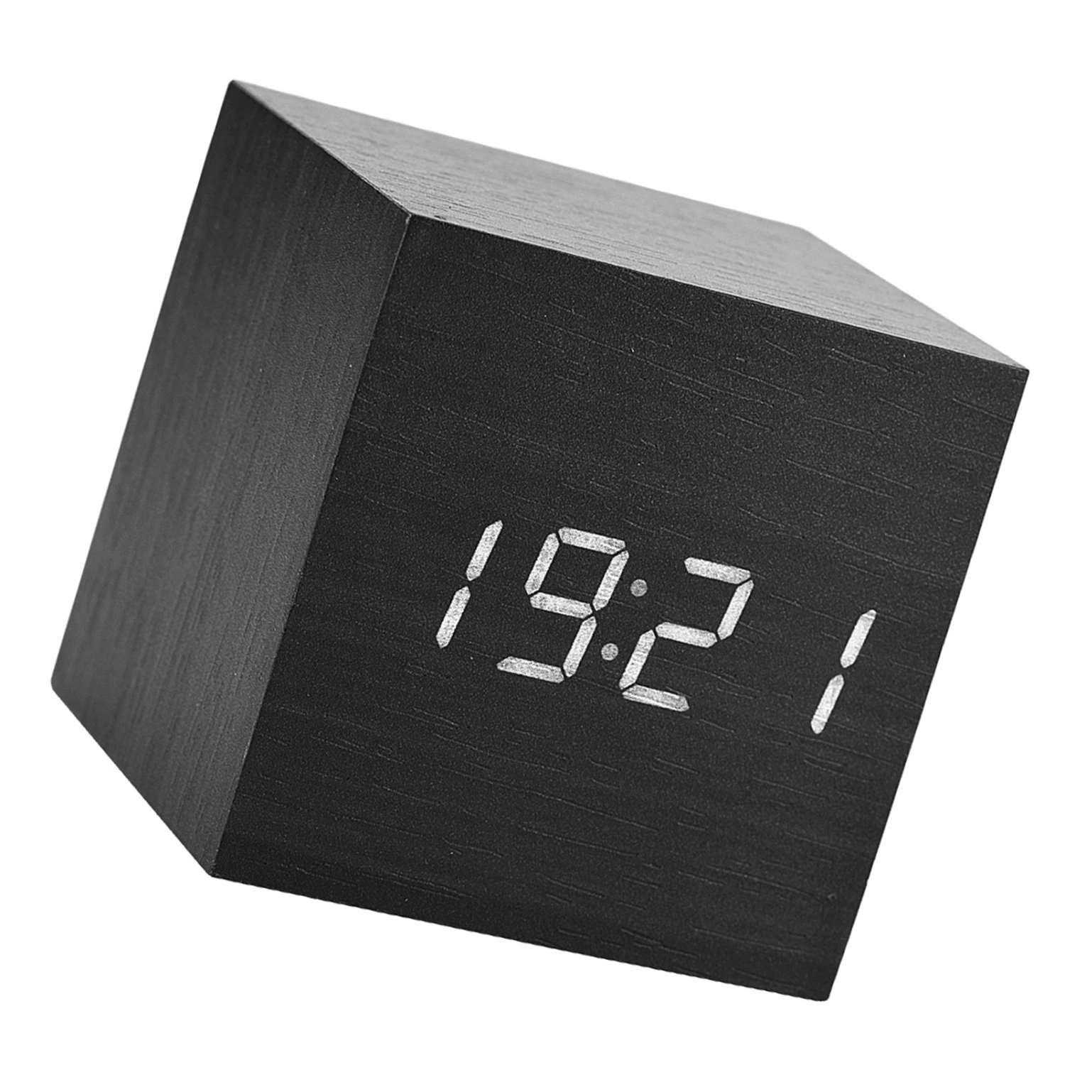 6x6x6cm Wooden Electronic Digital Alarm Desk Clock Temperature LED Display Voice Control Black