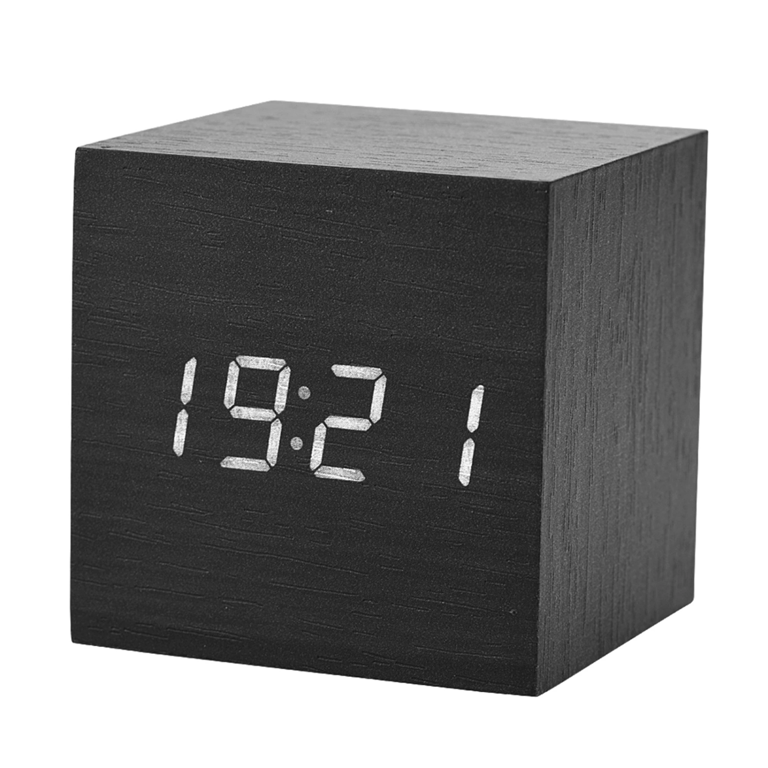 6x6x6cm Wooden Electronic Digital Alarm Desk Clock Temperature LED Display Voice Control Black