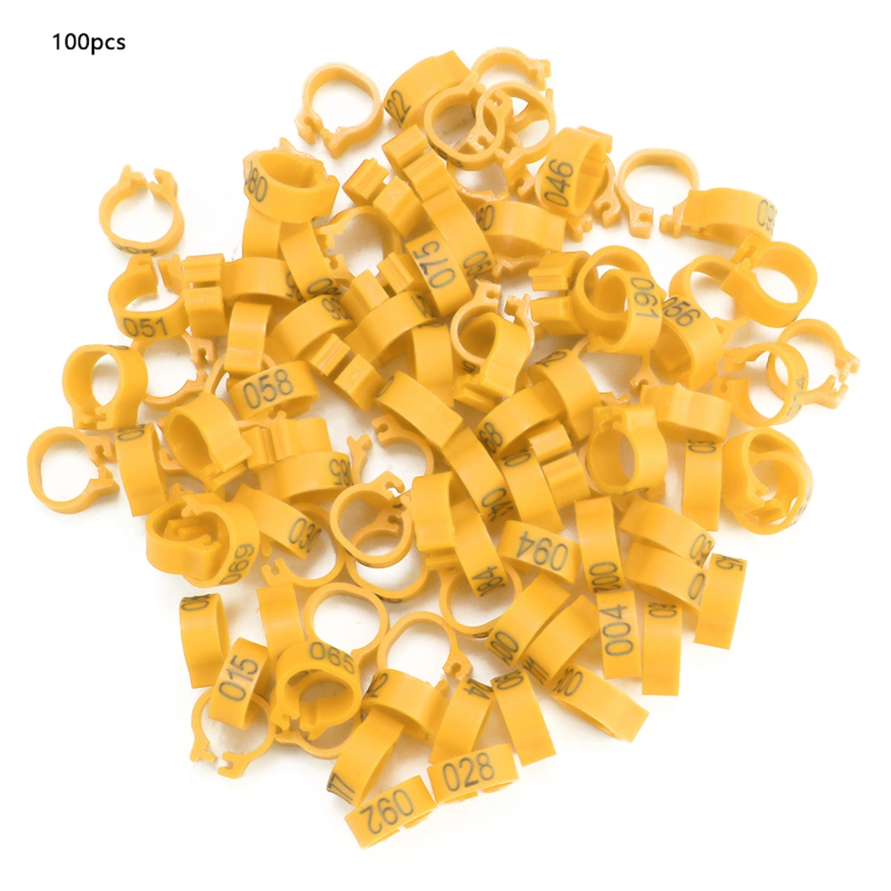 100PCS/Bag 8MM 001-100 Numbered Plastic Letter Pigeon Bird Leg Bands Rings(yellow)