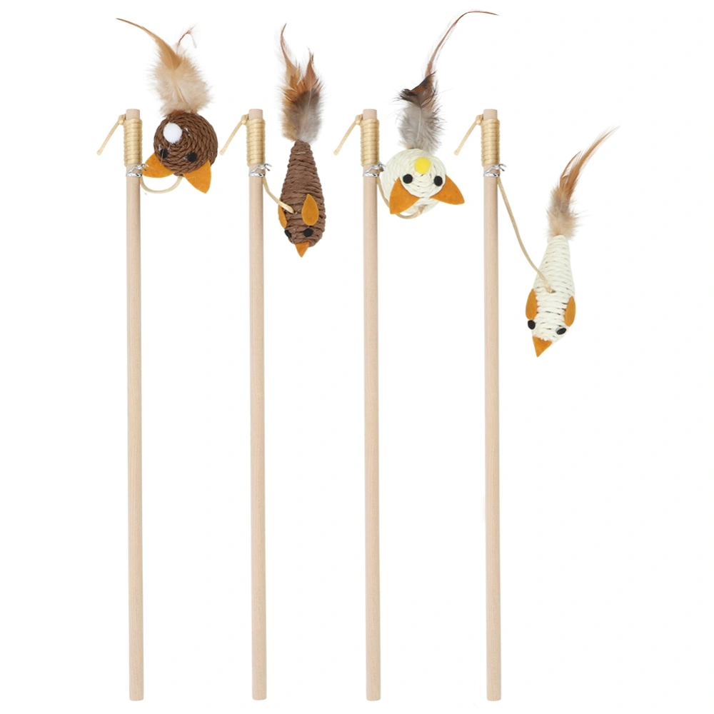 4Pcs Wooden Kitten Pet Cat Teaser Interactive Dangler Rod Stick with Bell and Feather Toy