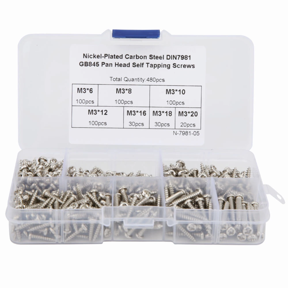 480Pcs Self Tapping Screw Pan Round Head Carbon Steel Fittings M3 Black Nickel Plating(Carbon Steel Nickel Plating )