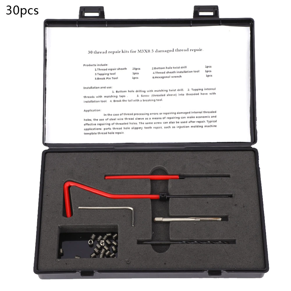 30Pcs Thread Repair Kit Stainless Steel Twisted Drill Wrench Threaded Insert M3 x 0.5