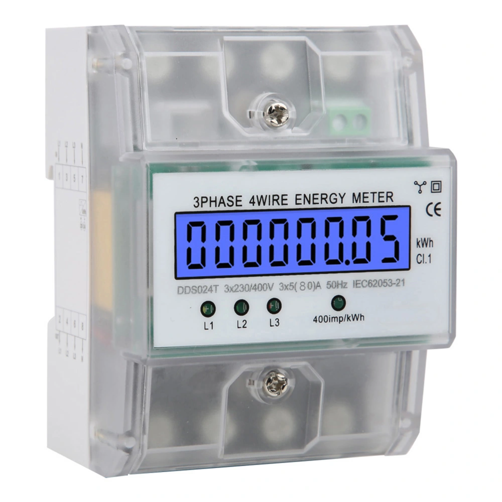 DDS024T 3 Phase 4P Electronic Energy Meter 380V LCD Digital Display DIN Rail with Transparent Cover