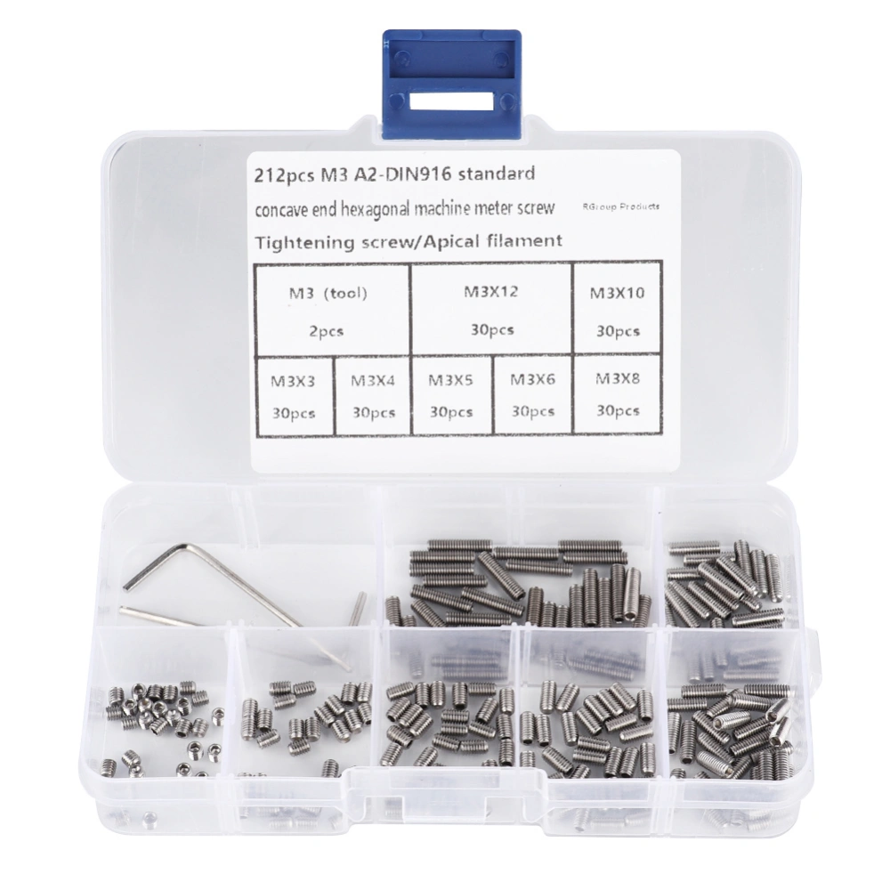 212Pcs Grub Screws Stainless Steel M3 A2-DIN916 Inner Hex Concave End Tighten Screw Headless