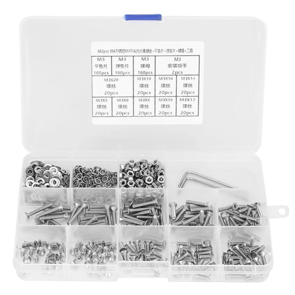 662pcs SUS304 M3 Countersunk Hex Socket Screw Nut Flat Washer Spring Gasket Wrench Assorted Kit