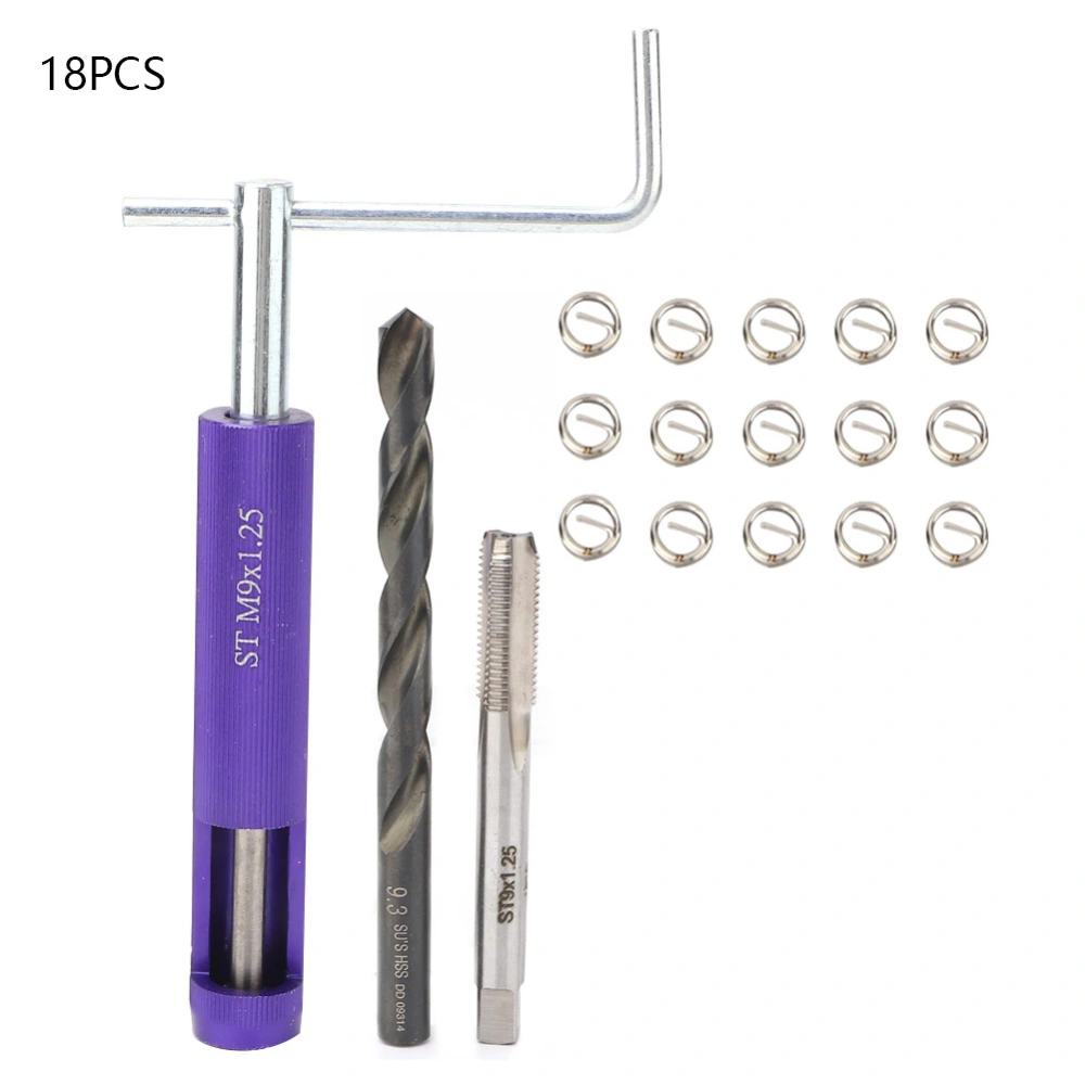 18pcs Stainless Steel Wire Screw Sleeve Thread Repair Insert Kit Tool Set (M9*1.25)