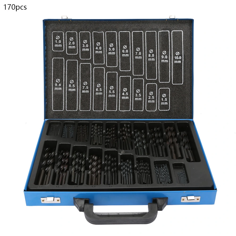 170pcs 1-10mm High Speed Steel Nitriding Black Twisted Drill Bit Set with Blue Iron Box