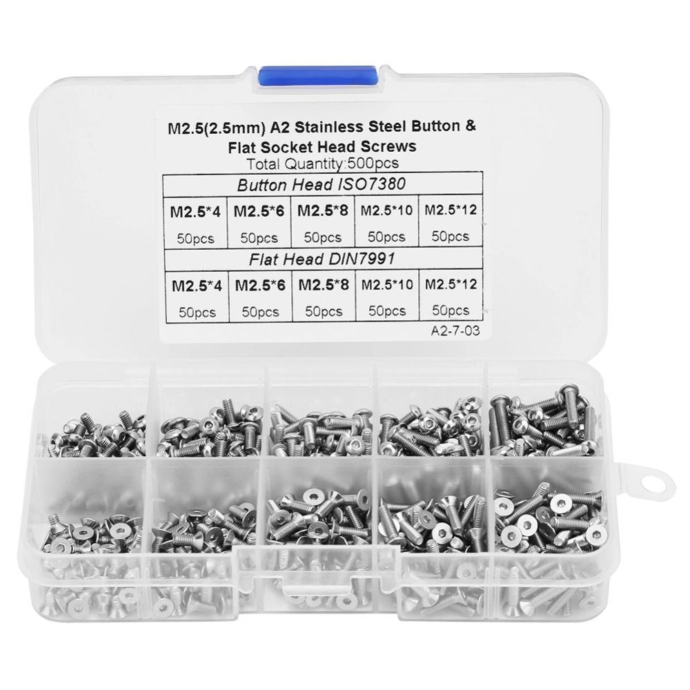 500pcs 1 Box M2.5*4M2.5*6M2.5*8M2.5*10M2.5*12 Button TFlat Head Hex Socket Screw Set