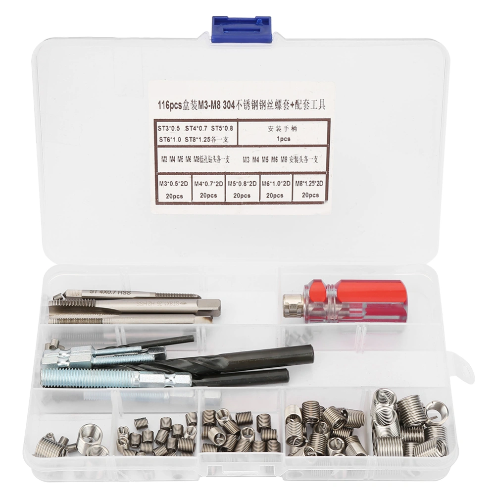 116Pcs/set Stainless Steel Wire Screw Sleeve Thread Repair Insert Kit Tool Set