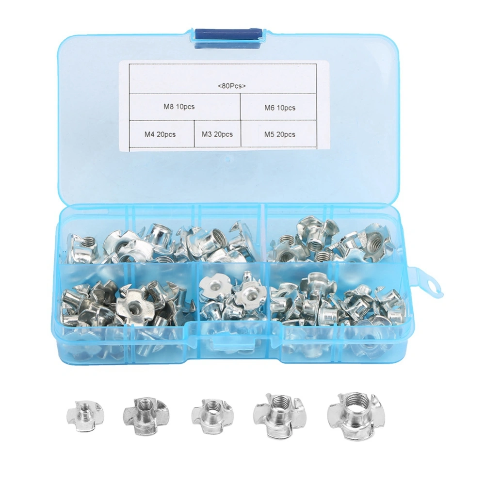 80pcs Carbon Steel T Nut Four Pronged M3/4/5/6/8 Tee Nuts Kits For Woodworking Furniture