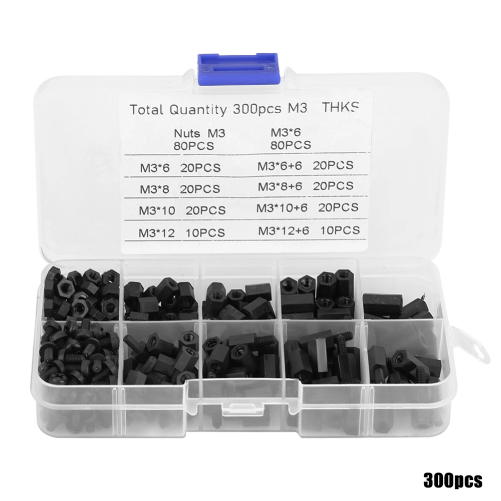 300pcs Black M3 Male Female Standoffs Screws Nuts Assortment Kit with Box