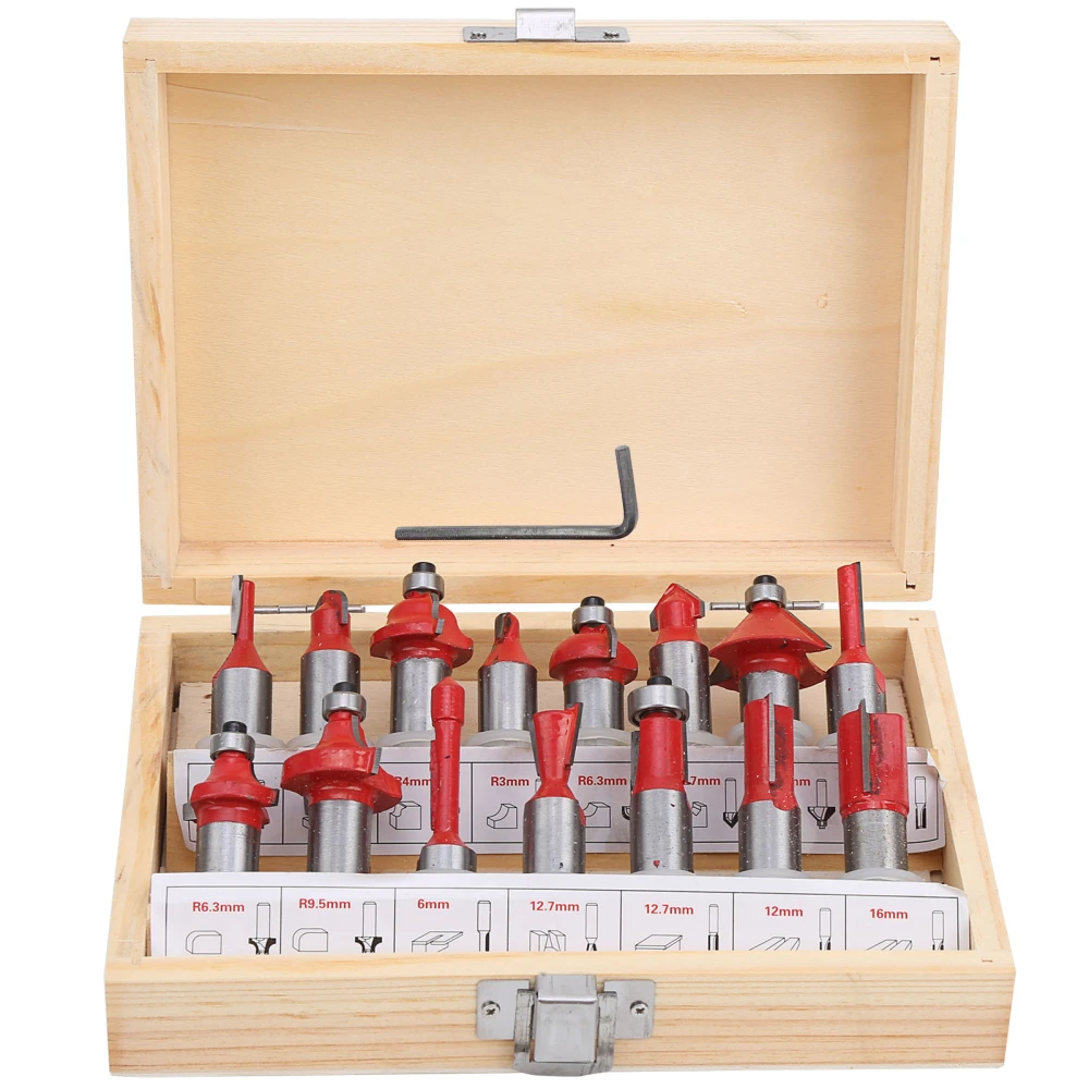 15pcs 1/2"(12.7mm)Shank Carbon Steel Router Bit Woodworking Cutter Set in Wood Case Box