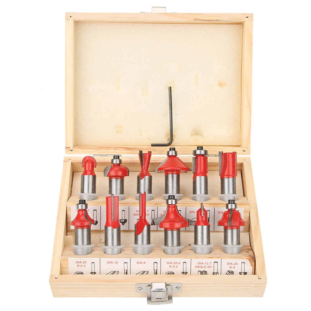 12pcs 1/2"(12.7mm)Shank Carbon Steel Router Bit Woodworking Cutter Set in Wood Case Box