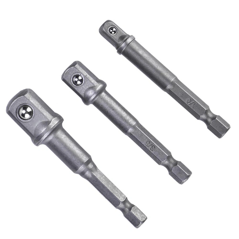 3Pcs Silver Socket Adapter 1/4” Hex Shank to 1/4" 3/8" 1/2" Square Head Drill Bit Driver