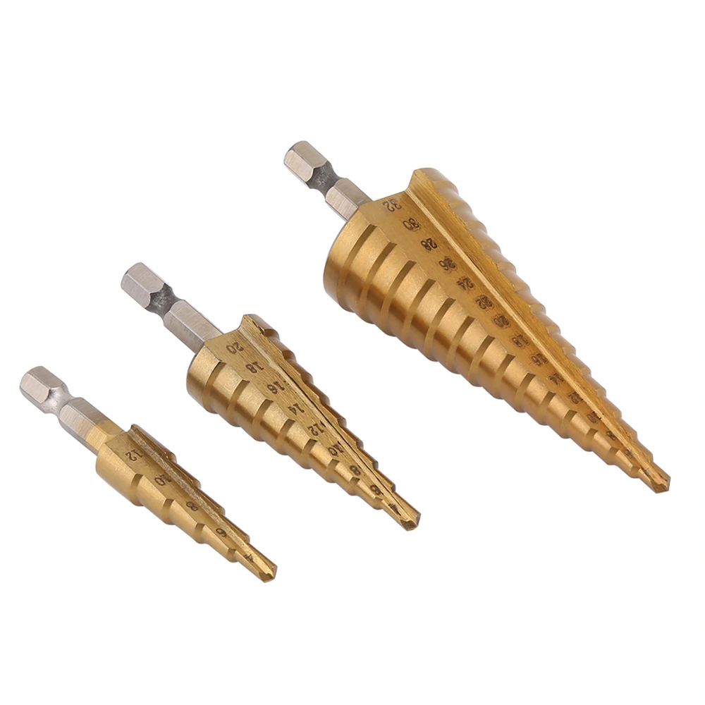 3Pcs 1/4 Inch Hex Shank HSS Titanium Coated Step Drill Bit Set 4-12/4-20/4-32mm