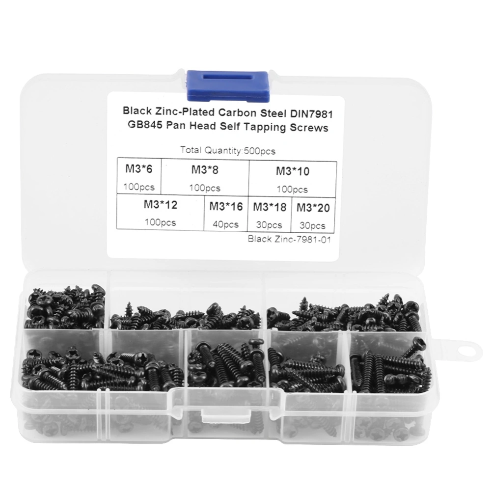 500PCS M3 Cross Drive Button Head Self Tapping Screws Assortment Set Carbon Steel