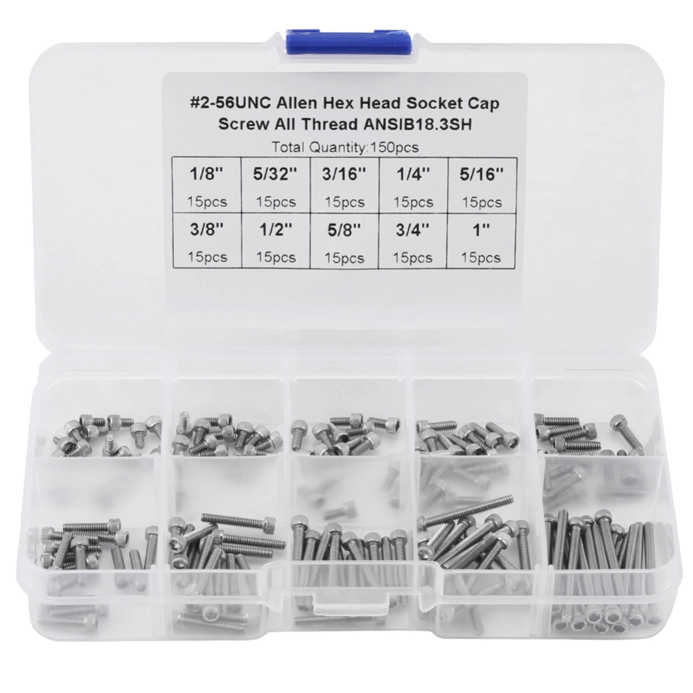 150PCS 9 Sizes Hex Socket Cap Head Screws Assortment Set with Plastic Box #2-56 UNC