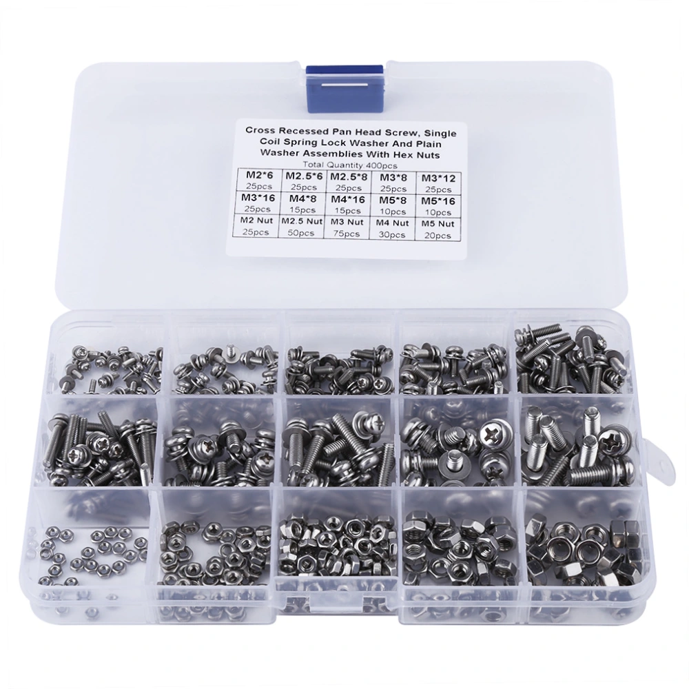 400pcs M2 M2.5 M3 M4 M5 Cross Pan Head Screws Nuts And Washer Kit