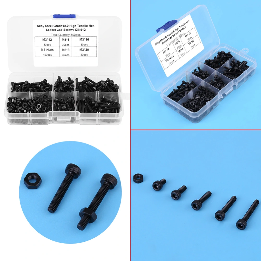 300pcs M3*6/8/12/16/20 Hex Socket Cap Screws Bolts Nuts with Plastic Case Black