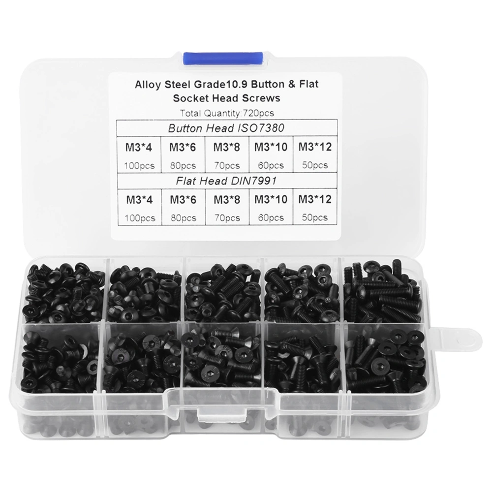 720pcs M3*4/6/8/10/12 Black Alloy Steel Flat Head Hex Socket Screws with Plastic Box