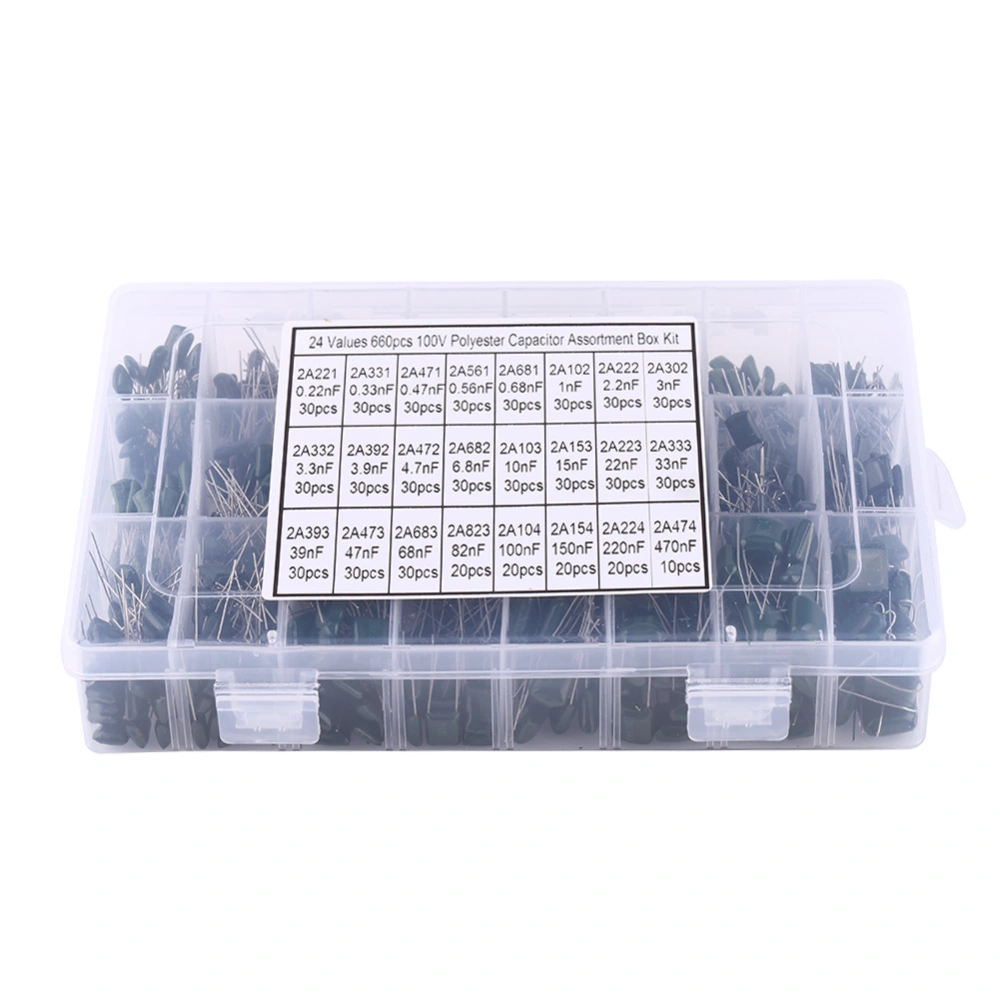 660pcs 24Value Polyester Film Paper Capacitors Set 100V Assorted Kit 0.22nF to 470nF