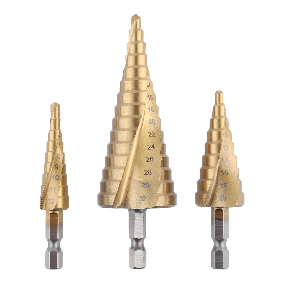 3pcs 4‑12/20/32mm Hex Ti Coated Spiral Grooved Step Drill Bits Set Cone Drill Hole Cutter