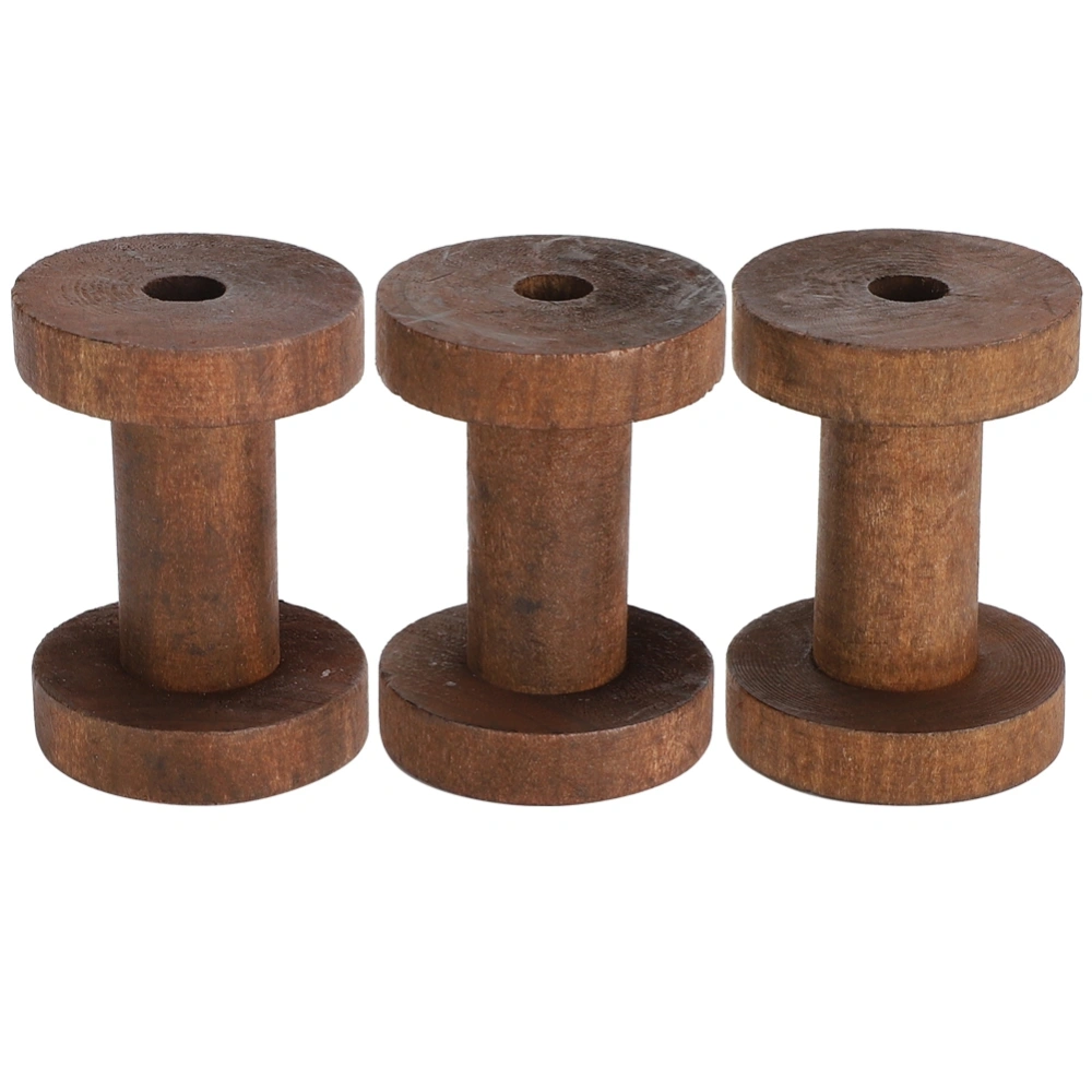 3Pcs Wooden Spools Reels Dark Brown Chic Bobbins for Crafts DIY Sewing Threading Tools