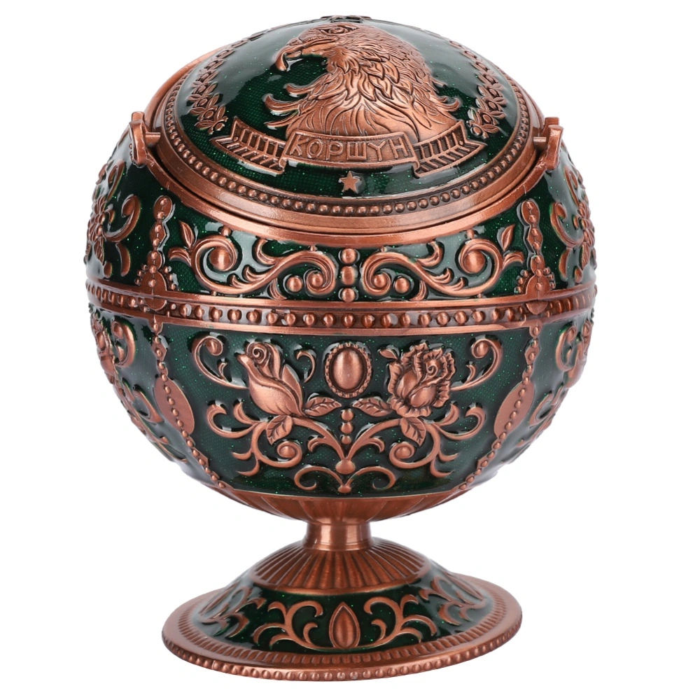 Retro Ashtray with Cover Zinc Alloy Innovative Green Bird Pattern Globe shape Craft Gift