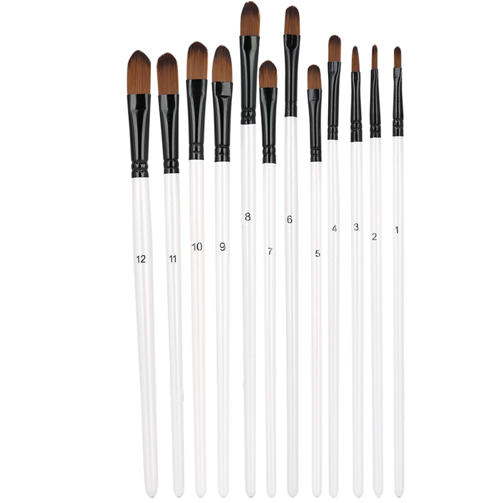 12Pcs Nylon Hair Paint Brushes Set Wood Handle Pearl White Variety Style Oil Acrylic Drawing SuppliesB Round Flat Head