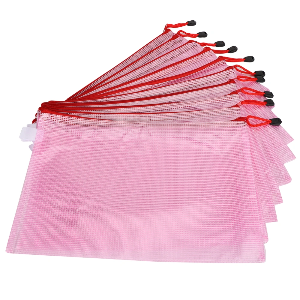 10pcs Mesh Zipper Bag A4 File Folder PVC Transparent Information Pack Document OrganizerLight Pink