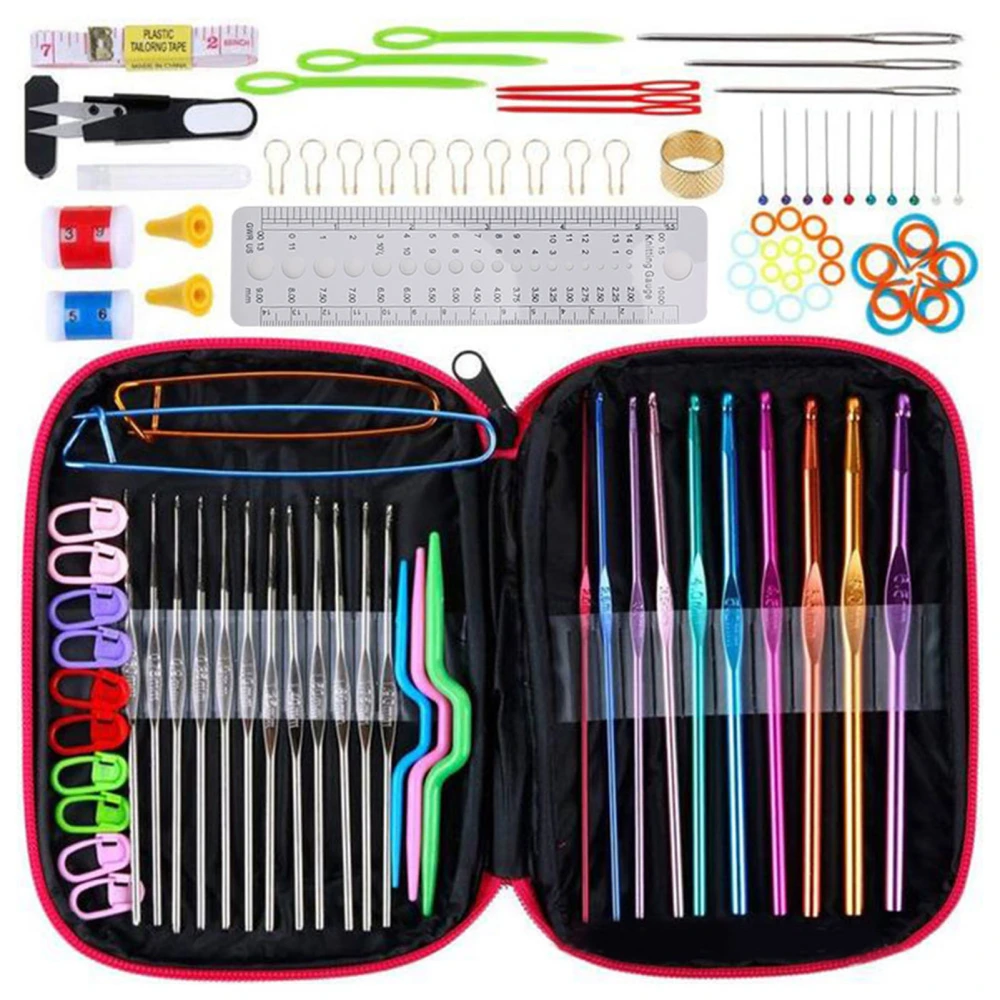 100Pcs/Set Sweater Knitting Tool 22 Metal Crochet Set Needles Sewing Tools Kit with DIY AccessoriesRosy