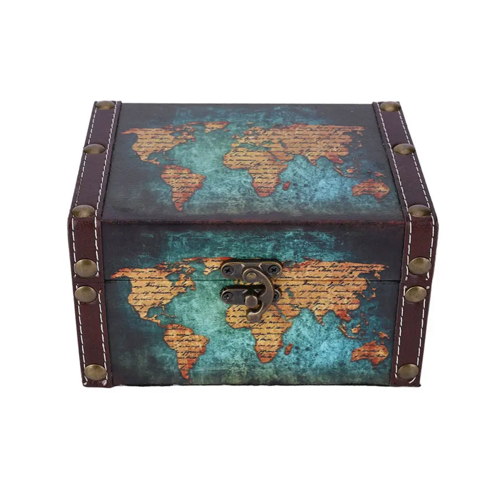 European Style Wooden Storage Box Vintage Jewelry Organizer Display Box Desktop Ornaments 2208A‑06‑Green Map