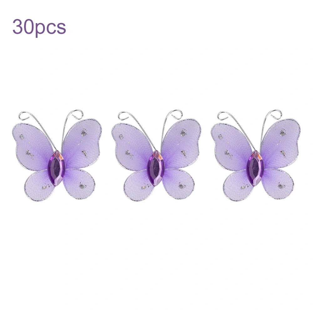 30pcs Wired Mesh Glitter Butterflies with Artificial Gem DIY Handmade Crafts for Weeding Party Home DecorationPurple