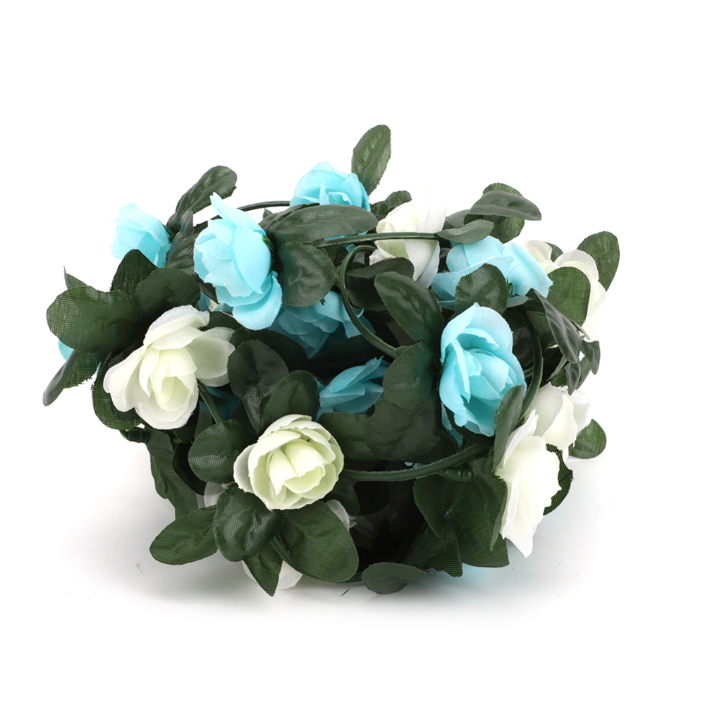 Artificial Rose Flower Vine Cloth with Green Leaves Home Wedding Garden Decoration Hanging Accessories(Blue White )