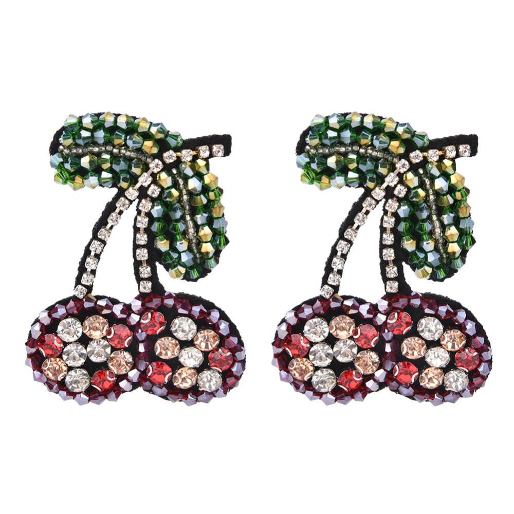 2pcs Embroidered Patches Crystal Glass Diamond Sew on Beaded Appliques Clothing Bag DecorationCherry