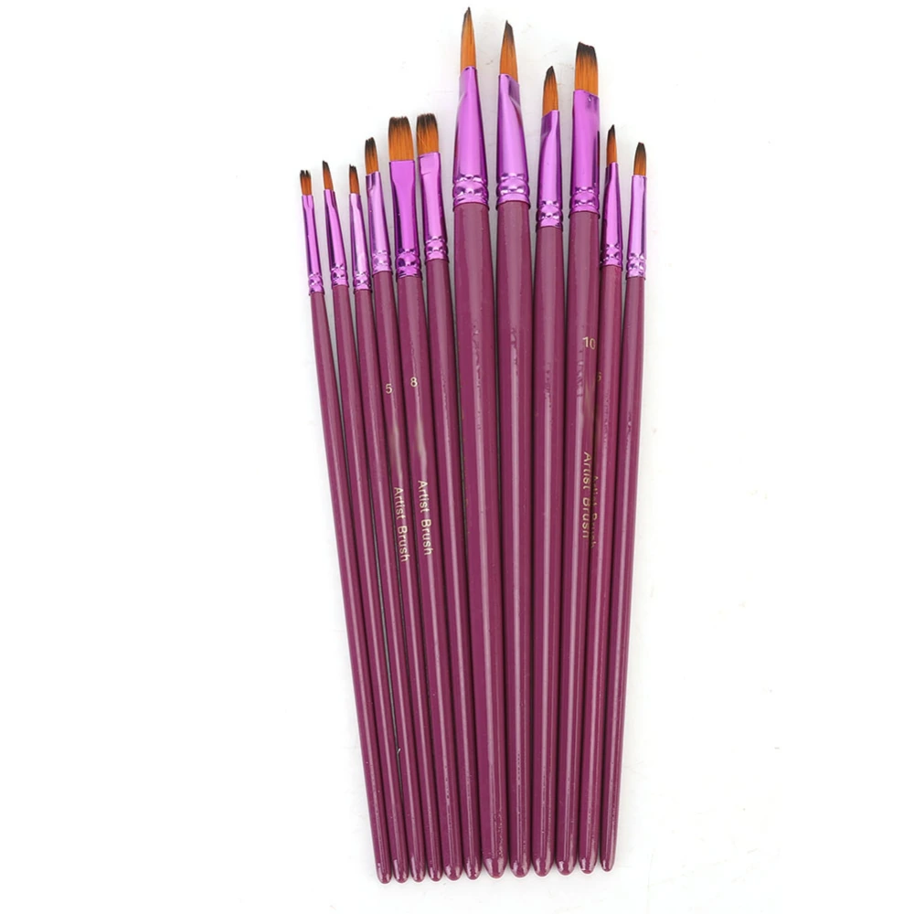 12Pcs Painting Brush Nylon Hair Purple Rod Watercolor Acrylic Drawing Art Supplies(Flat)