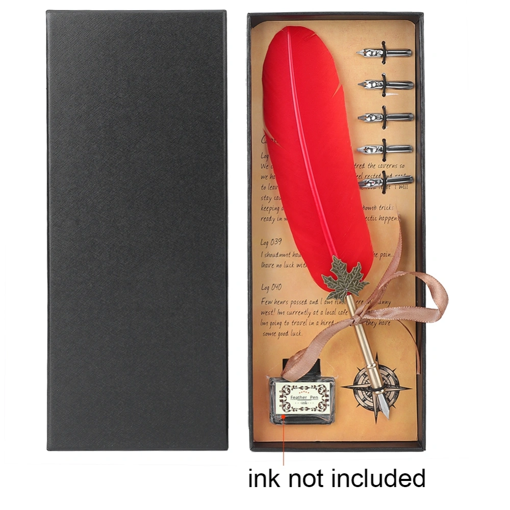 Retro Metal Pen Tube Stainless Steel Nibs Dip Writing Feather Pen with Packing Box(Red)