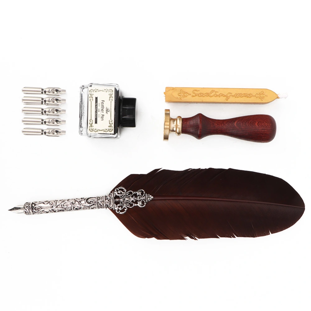 Vintage Feather Dip Pen Writing Calligraphy Quill Pen Set in Gift Box (Brown)