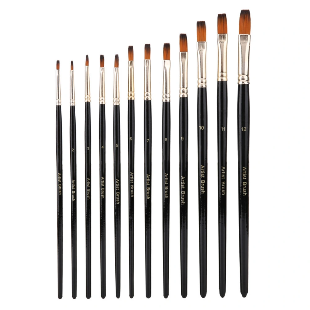 12pcs Nylon Hair Art Oil Acrylic Painting Brushes Flat Tip Artist Watercolor Brushes Pen Set