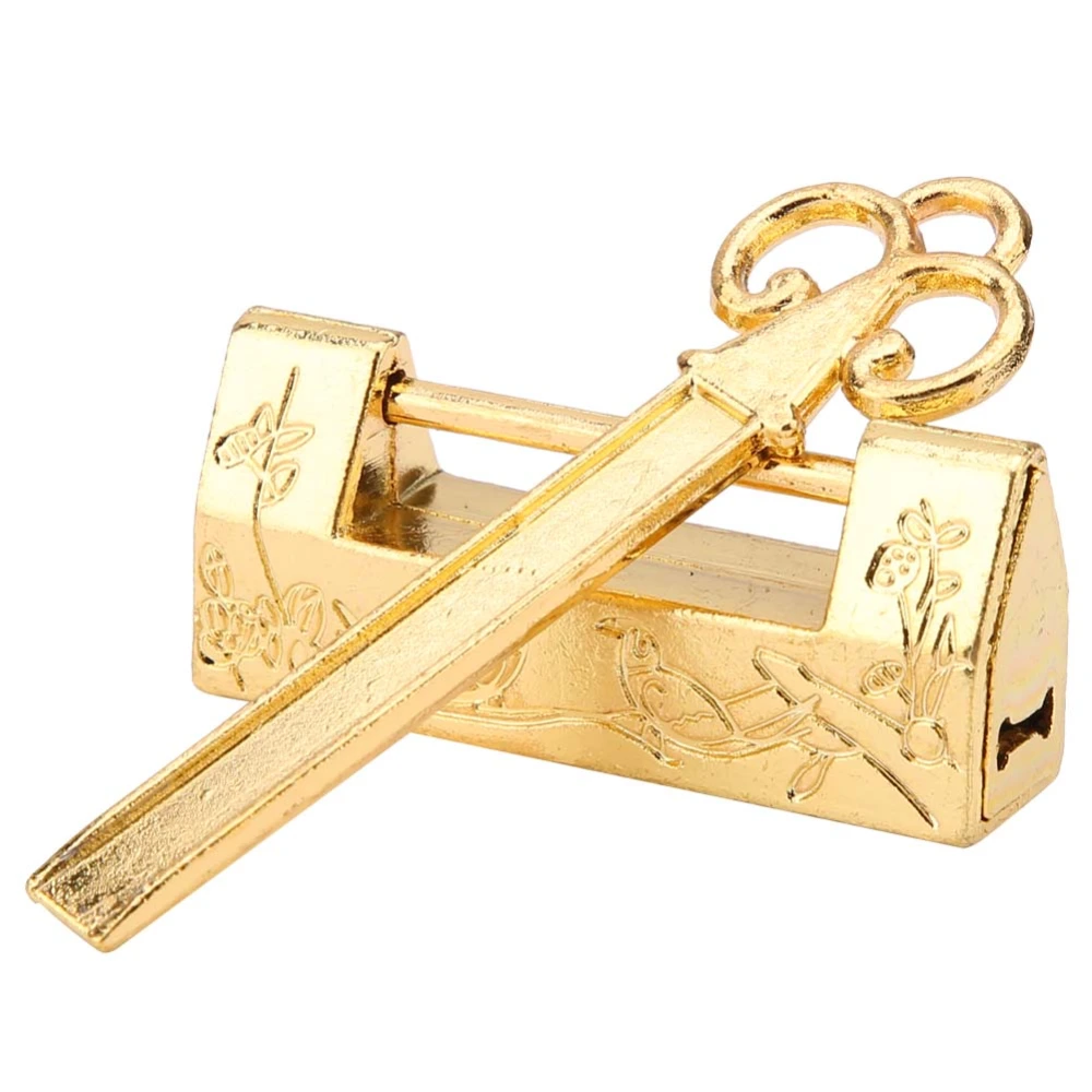 Mini Chinese Style Traditional Magpie Flowers Padlock Small Lock Key for Vintage Furniture Gold