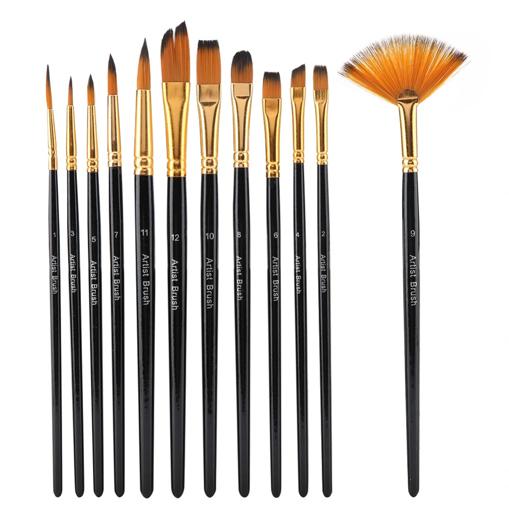 12pcs Black Wooden Pole Nylon Hair Paint Brush Set Art Craft Painting Watercolor Brush Kit