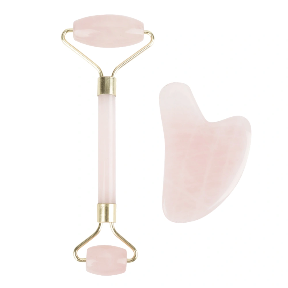 Natural Double Head Rose Quartz Jade Stone Roller & Scrapping Plate Face Massage Tool Kit