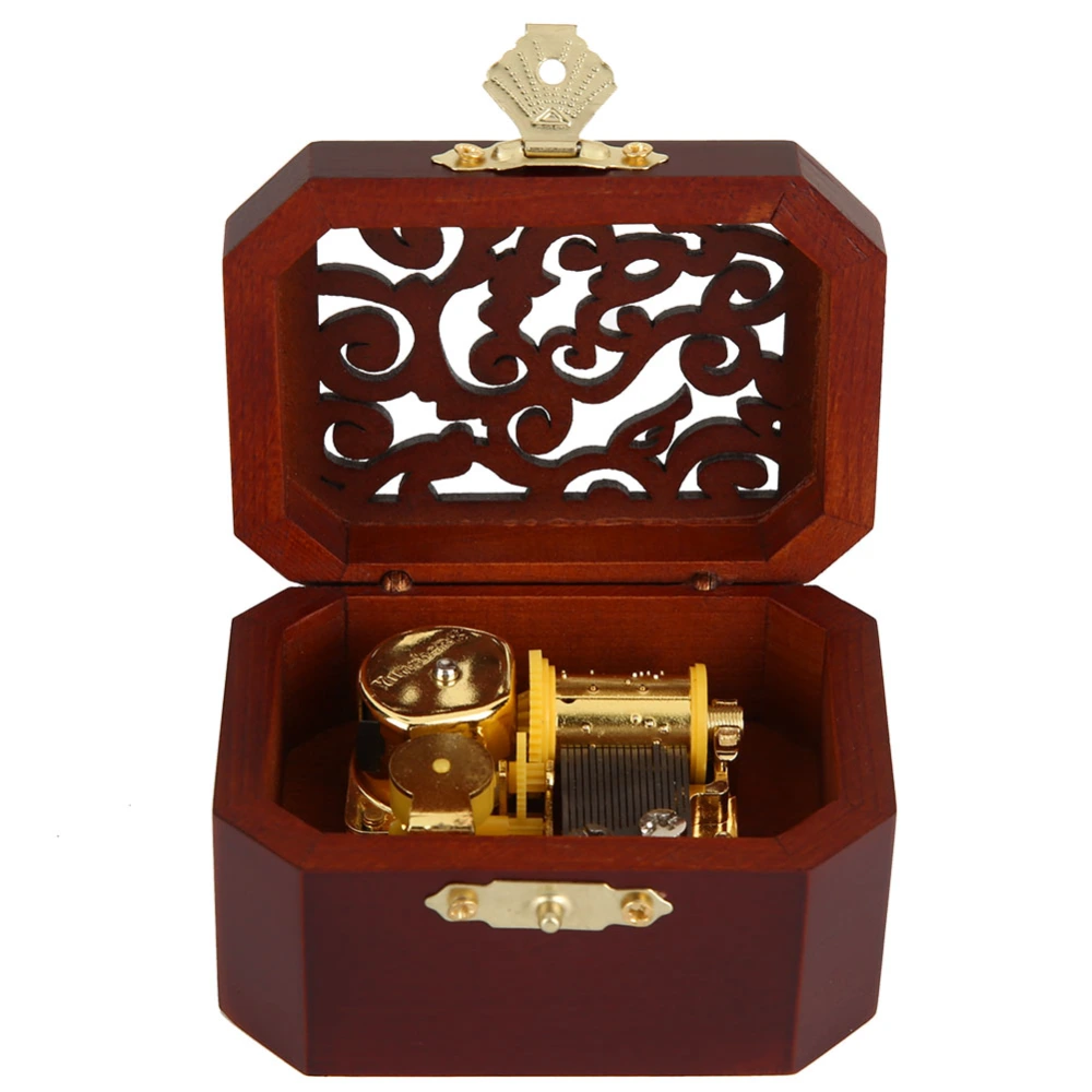 Retro Wooden Engraved Clockwork Octagonal Music Box Gift(classical red, Gold plated movement)